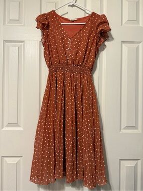 Indigo Rose Rust Polka Dot Smocked Midi Dress